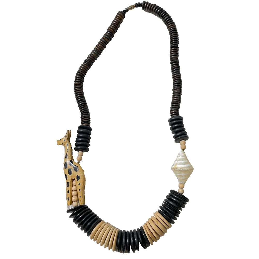 Wood Carved Giraffe Beaded Necklace Womens Barrel Clasp Black Brown‎ Tribal